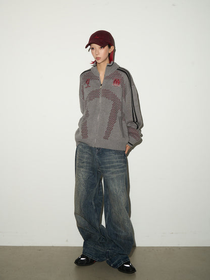 Embroidery Stripe Line Zipper Knit Cardigan NA9032