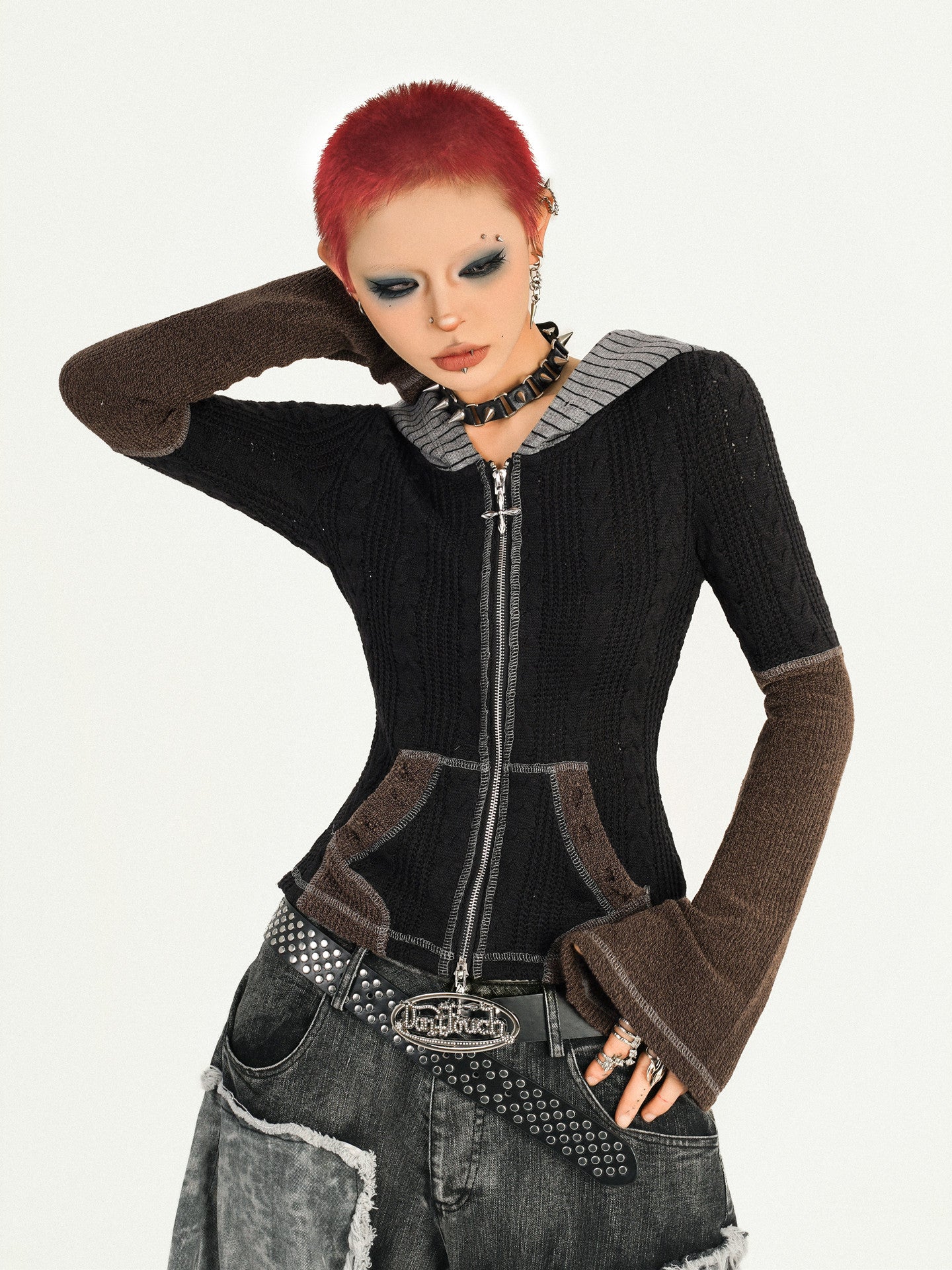 Hooded Zipper Fitted Knit Cardigan NA8572