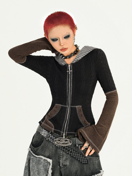 Hooded Zipper Fitted Knit Cardigan NA8572