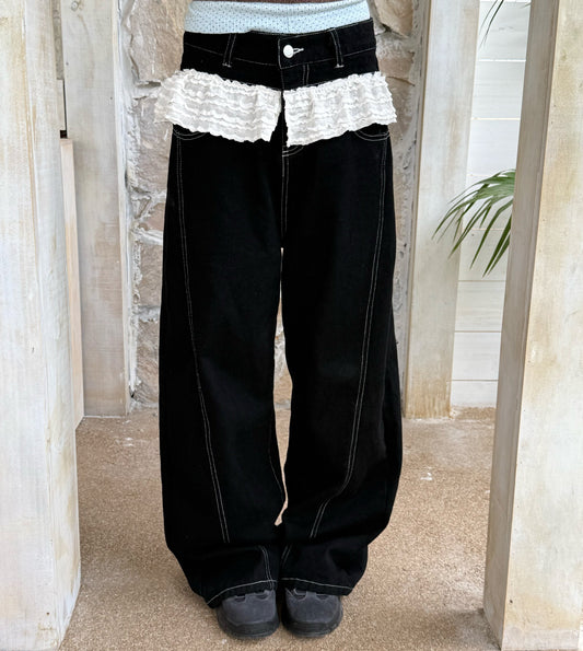 Lace Panel Low Rise Straight Denim Jeans NA9262