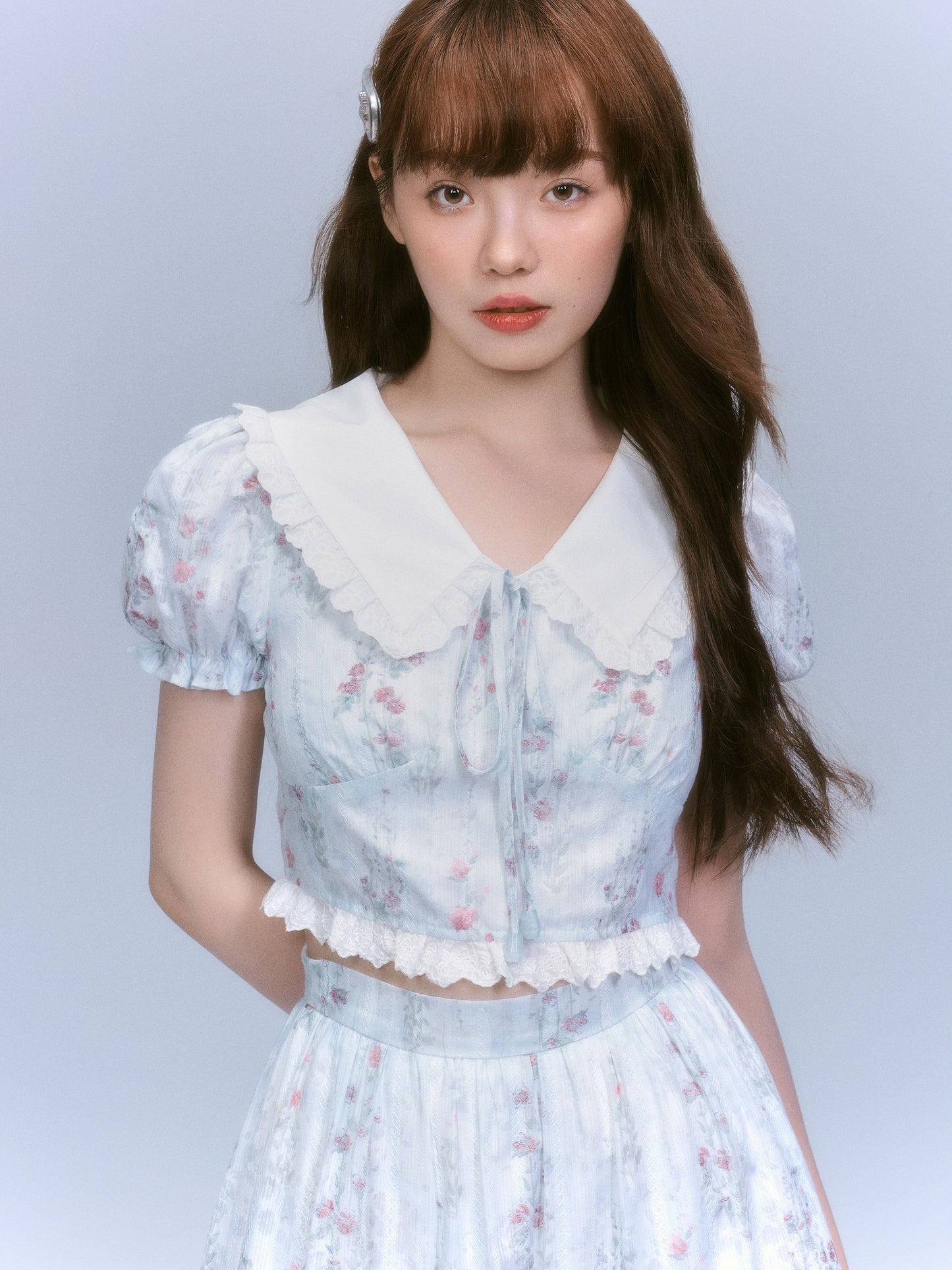 Floral-Print Blouse & Lace Trim Flared Skirt Setup NA8827