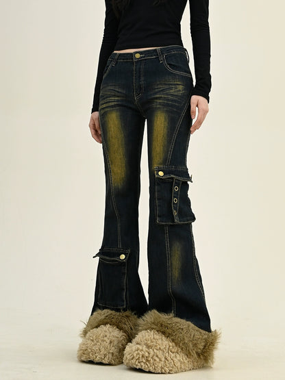 Fake Fur Flare Cargo Denim Jeans NA6286