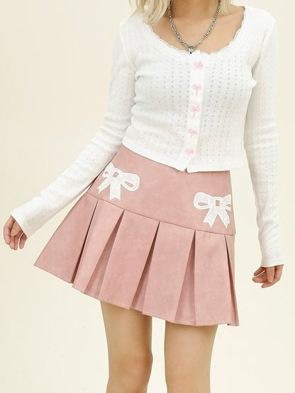 Bow PU Leather Zipper Jacket & Pleats Skirt Setup NA6344