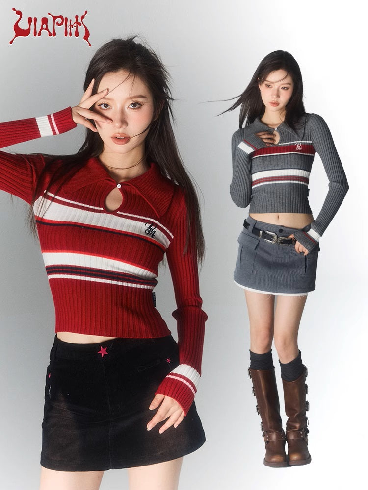 Polo Collar Striped Knit Sweater NA4918