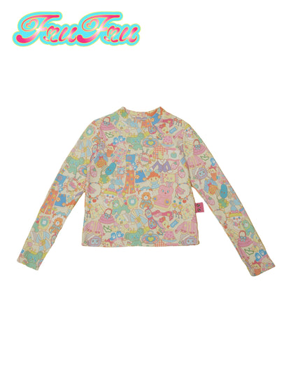 Waffle Cartoon Print Long Sleeve T-Shirt NA6549