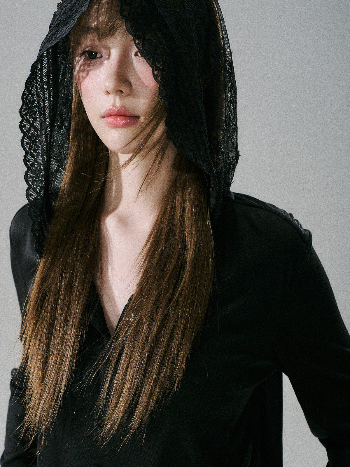 Lace Bow Hooded Long Sleeve Lyocell Shirt NA8815