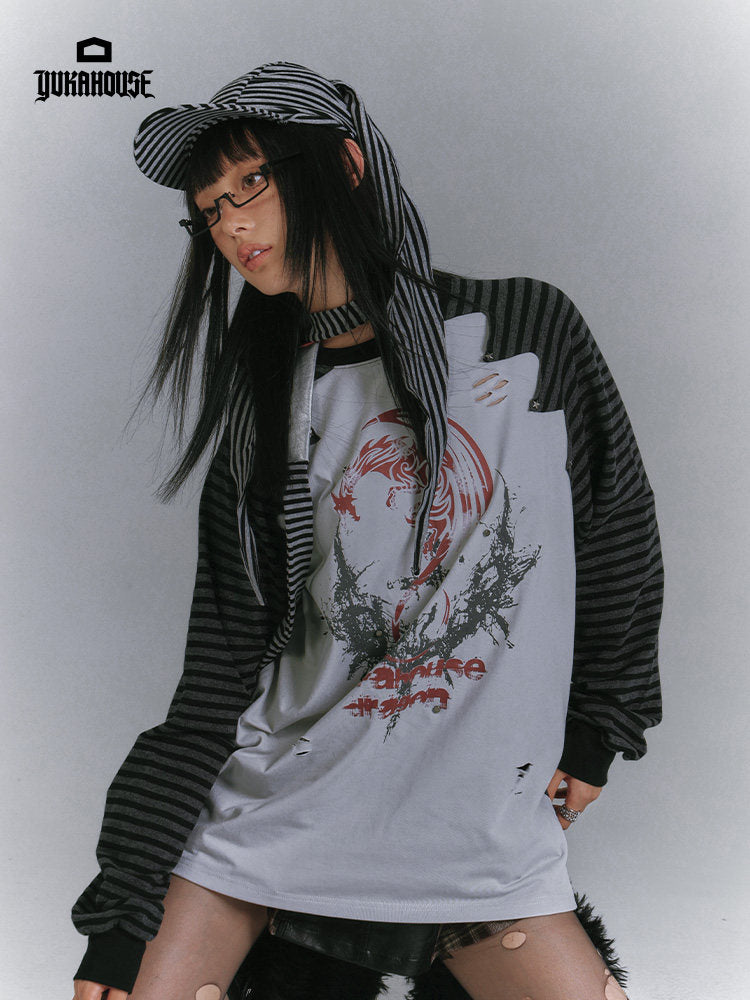 Raglan Stripe Damage Patchwork Long Sleeve T-Shirt NA8918