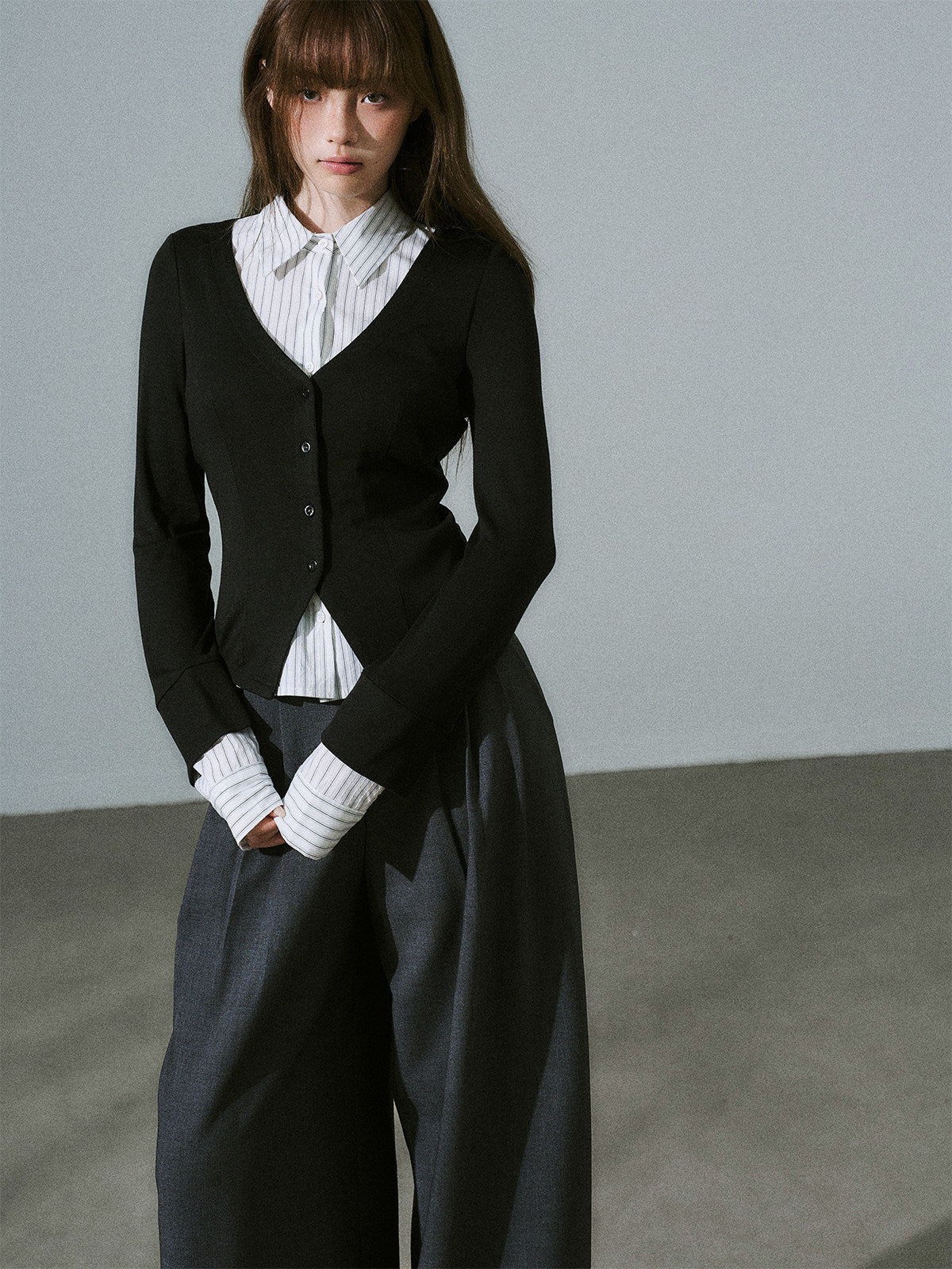 Layered Lyocell Wool Stripe Office Commuter Kinit Cardigan NA8807