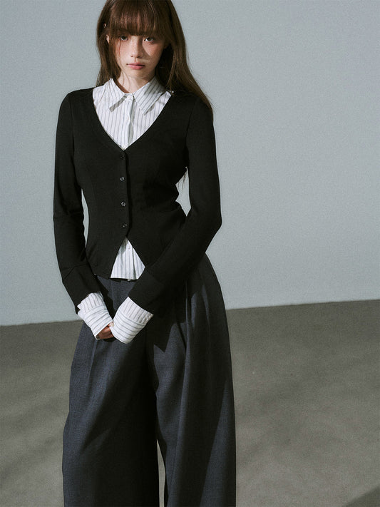 Layered Lyocell Wool Stripe Office Commuter Kinit Cardigan NA8807