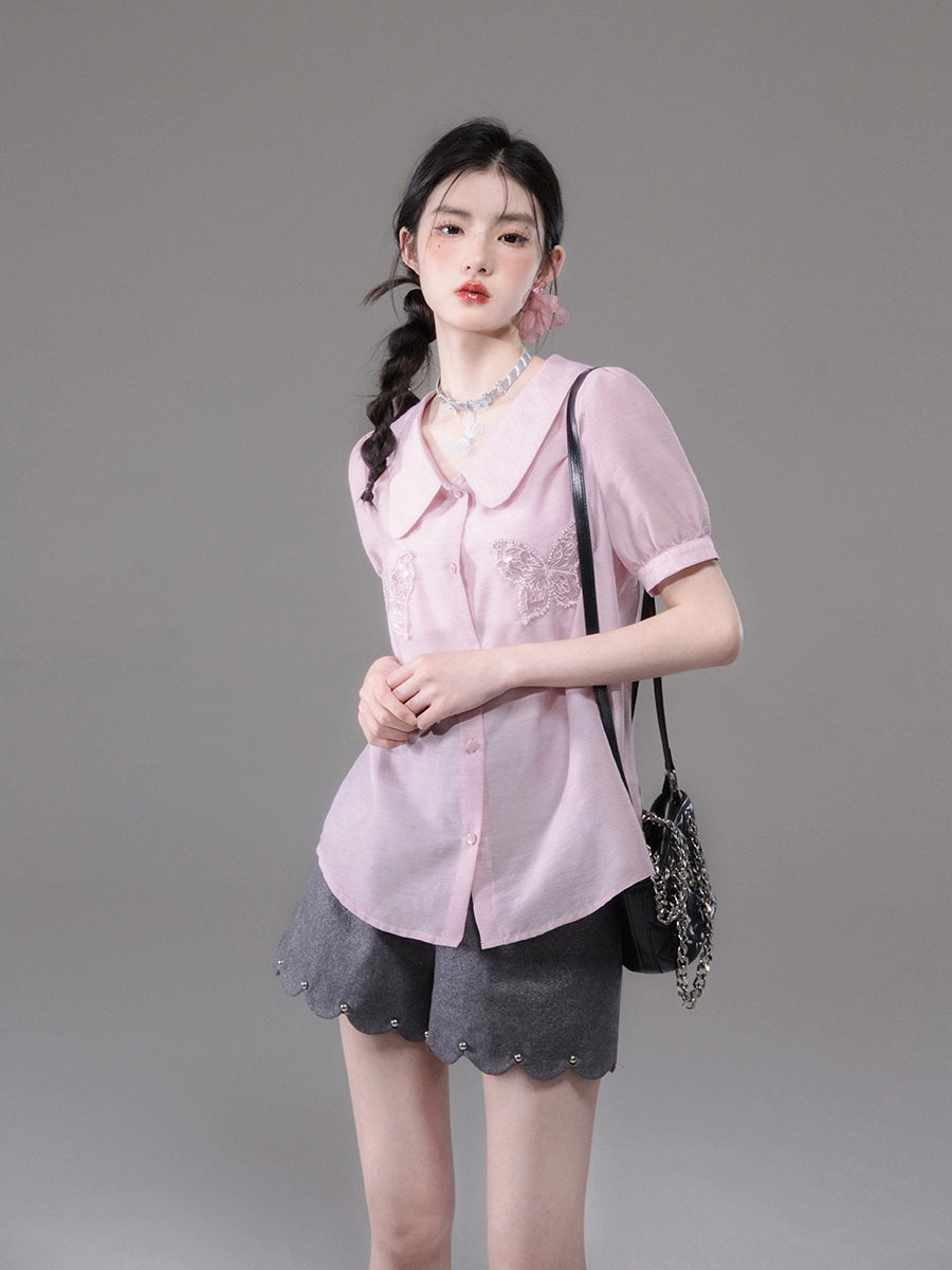 Bead Butterfly Embroidery Short Sleeve Shirt NA5521