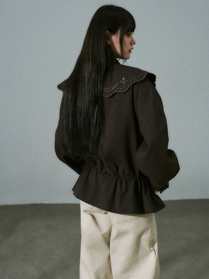 Embroidery Collar Drawstring Waist Double-Breasted Jacket NA8830