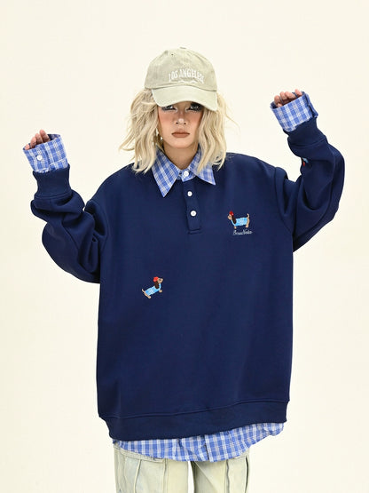 Fake Layered Dog Embroidery Sweatshirt NA6283