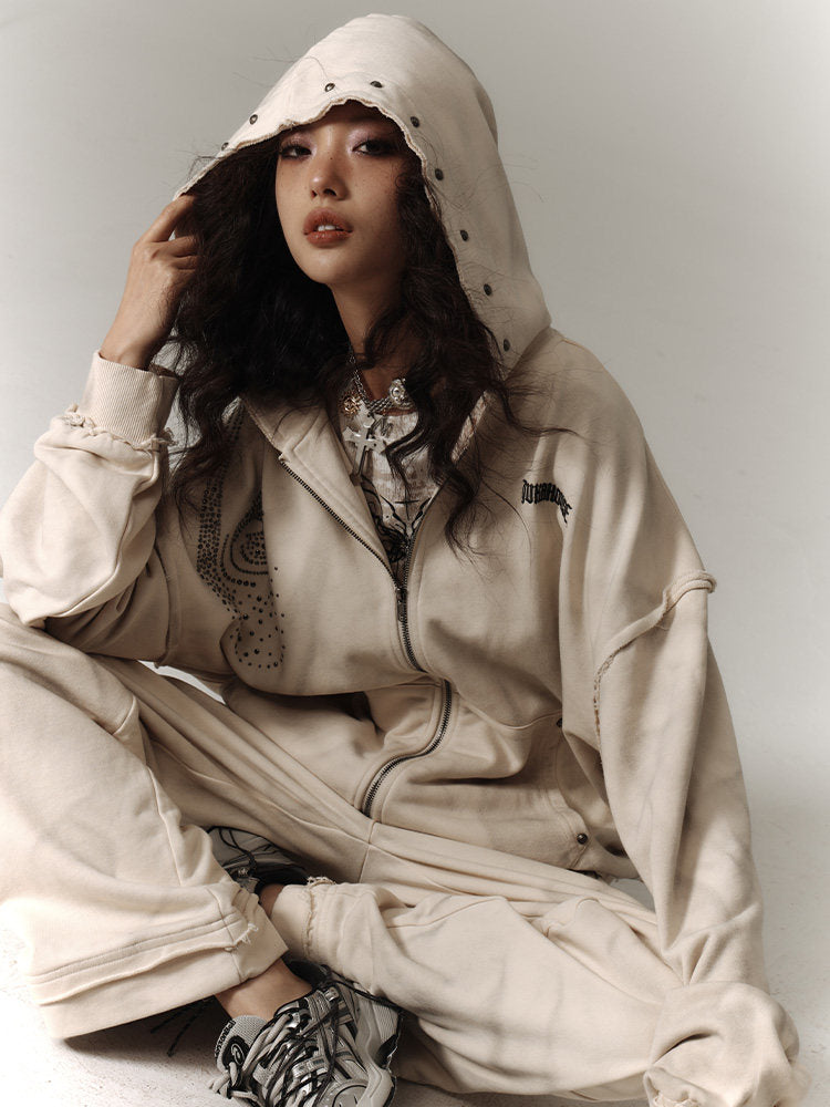 Washed Damage Oversize Zipper Hoodie & Wide Leg Pants Setup NA8913