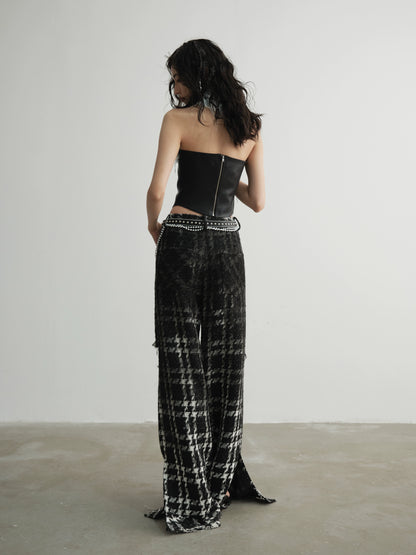 Gradient Wide-Leg Damage Plaid Pants NA5187