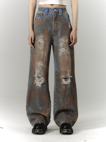 Mud Wash Damage Tie-Dye Wide Leg Straight Denim Jeans NA8928