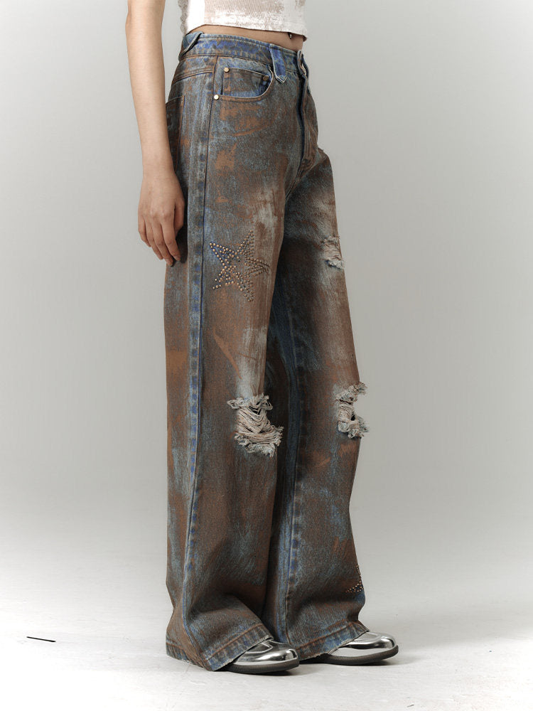 Mud Wash Damage Tie-Dye Wide Leg Straight Denim Jeans NA8928