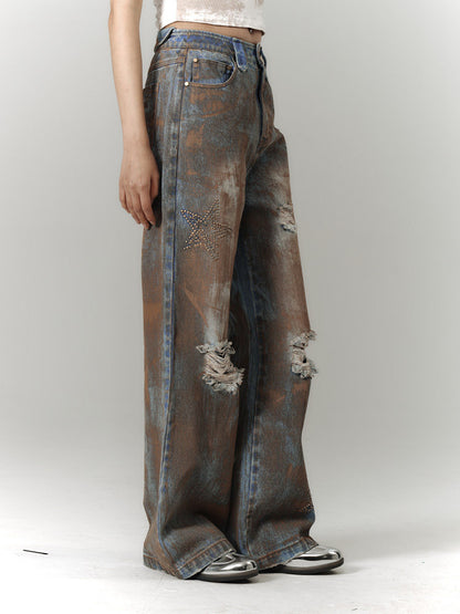 Mud Wash Damage Tie-Dye Wide Leg Straight Denim Jeans NA8928