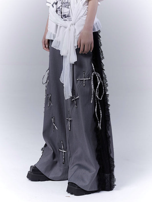 Design Lace Patchwork Tie Detail Drapey Trousers NA8534