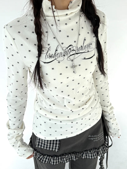 Polka Dot Print High-Neck Long Sleeve T-Shirt NA9255