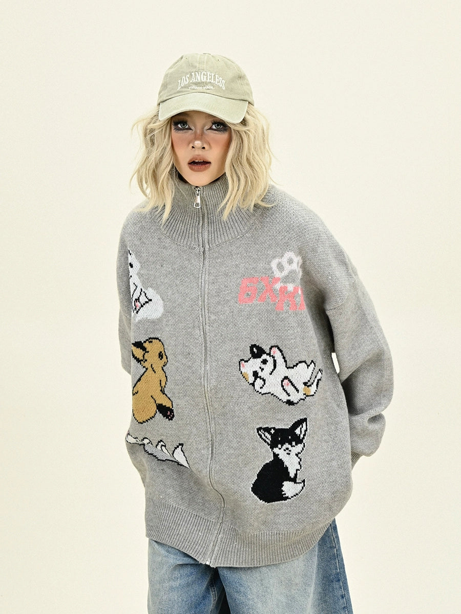 Cartoon Graphic Oversize Zipper Knit Cardigan NA6226