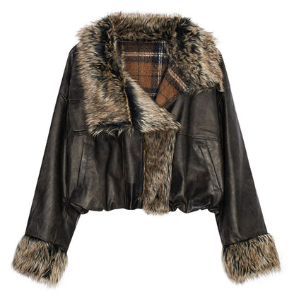 Reversible Fake Fur PU Leather Jacket & Skirt Setup NA8600
