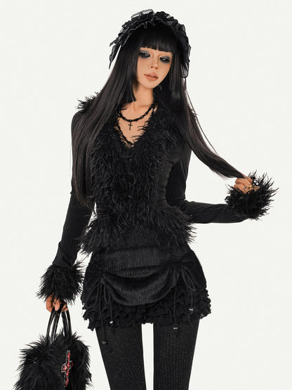 Fur Decor V-Neck Tie Knit Cardigan NA8598