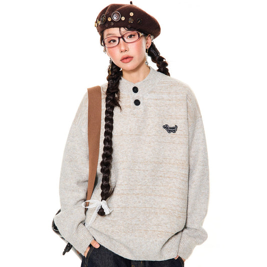 Button-Detail Stand Neck Knit Sweater NA9410