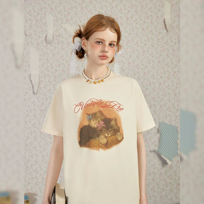 Cat Print Oversize Short Sleeve T-shirt NA3399