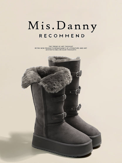 Fur Trim Metal Buckle Platform Knee-High Boots NA8762