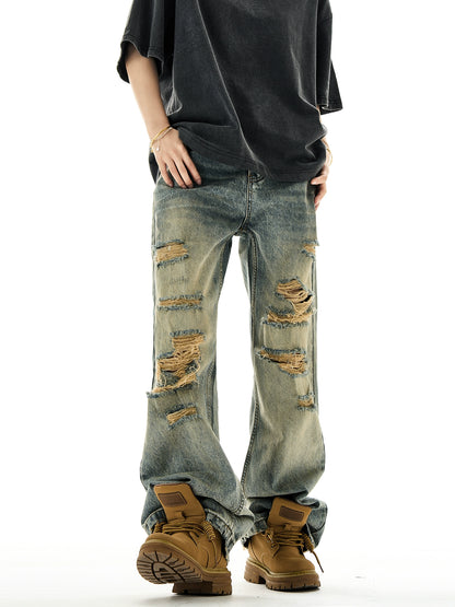 Yellow Mud Dyed Damaged Wide-Leg Straight Denim Jeans NA3128