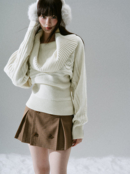 Ribbed Cowl Neck Cable Sleeve Knit Sweater NA8834