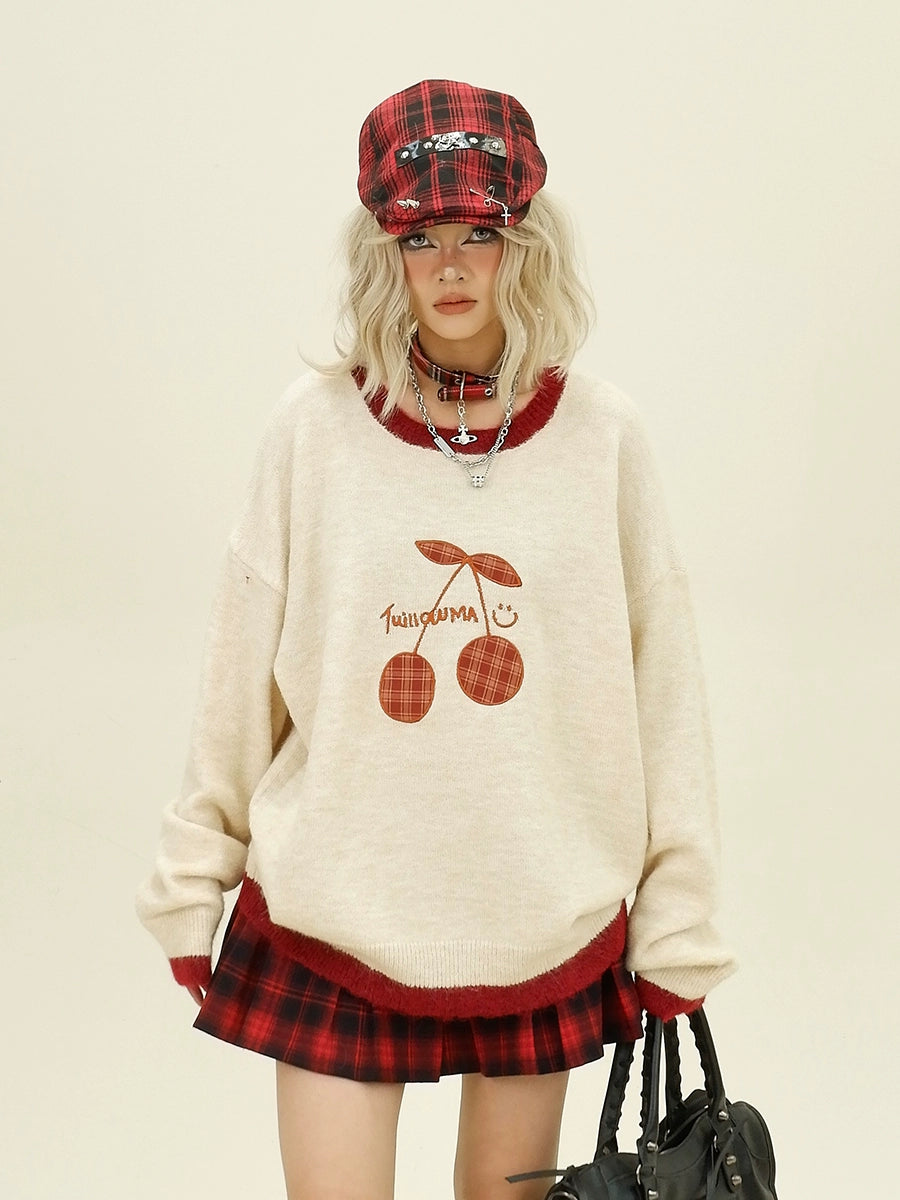 Cherry Embroidery Oversize Knit Sweater NA6350