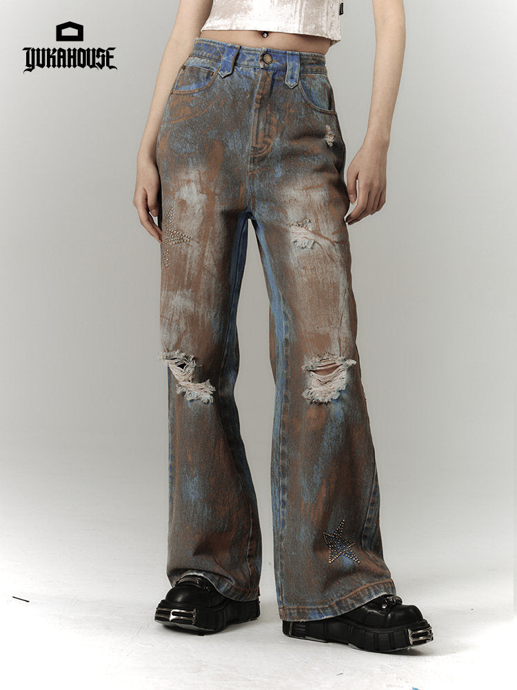 Mud Wash Damage Tie-Dye Wide Leg Straight Denim Jeans NA8928