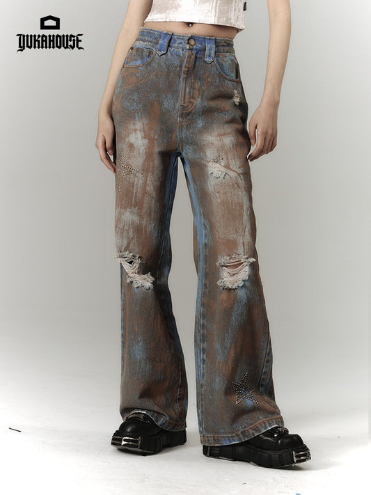 Mud Wash Damage Tie-Dye Wide Leg Straight Denim Jeans NA8928
