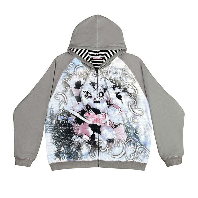 Rabbit Print Oversize Zipper Hoodie NA6608