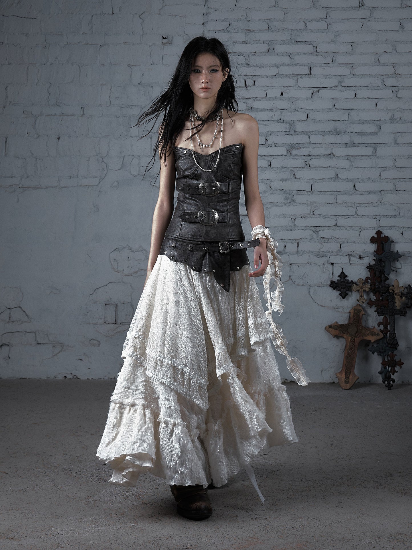 Asymmetric Lace Layered Belt Detail Skirt NA9003