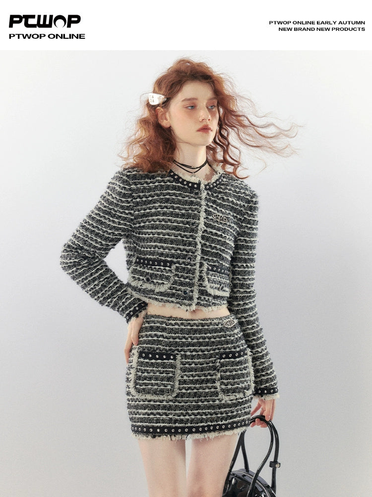 Stripe Raw-edge Tweed Jacket & Tweed Raw-edge Skirt Setup NA5671