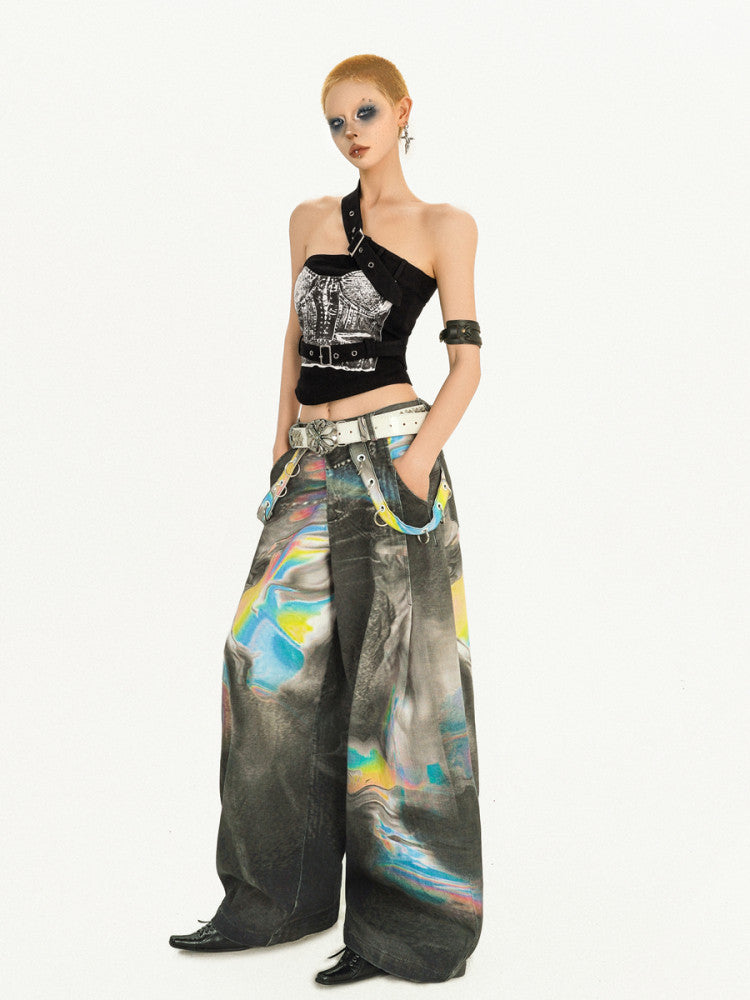 Tie-Dye Wide Leg Color Blended Design Denim Jeans NA8575