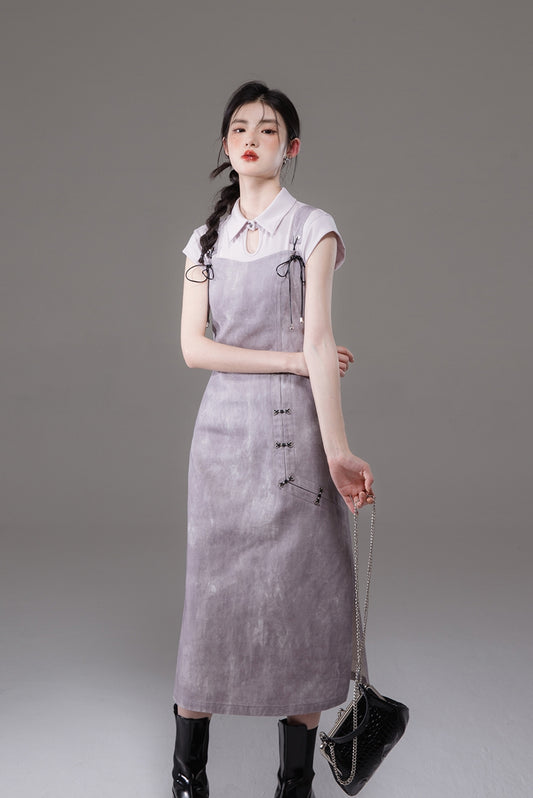 Short Sleeve Polo Collar Knit Top & Bow Camisole Dress Setup NA5531