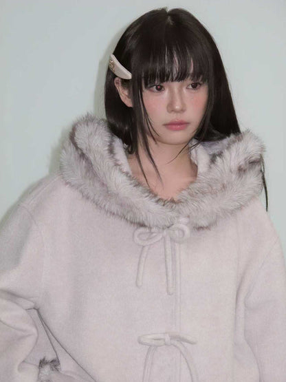 Bow Detail Fake Fur Trim Coat NA8829