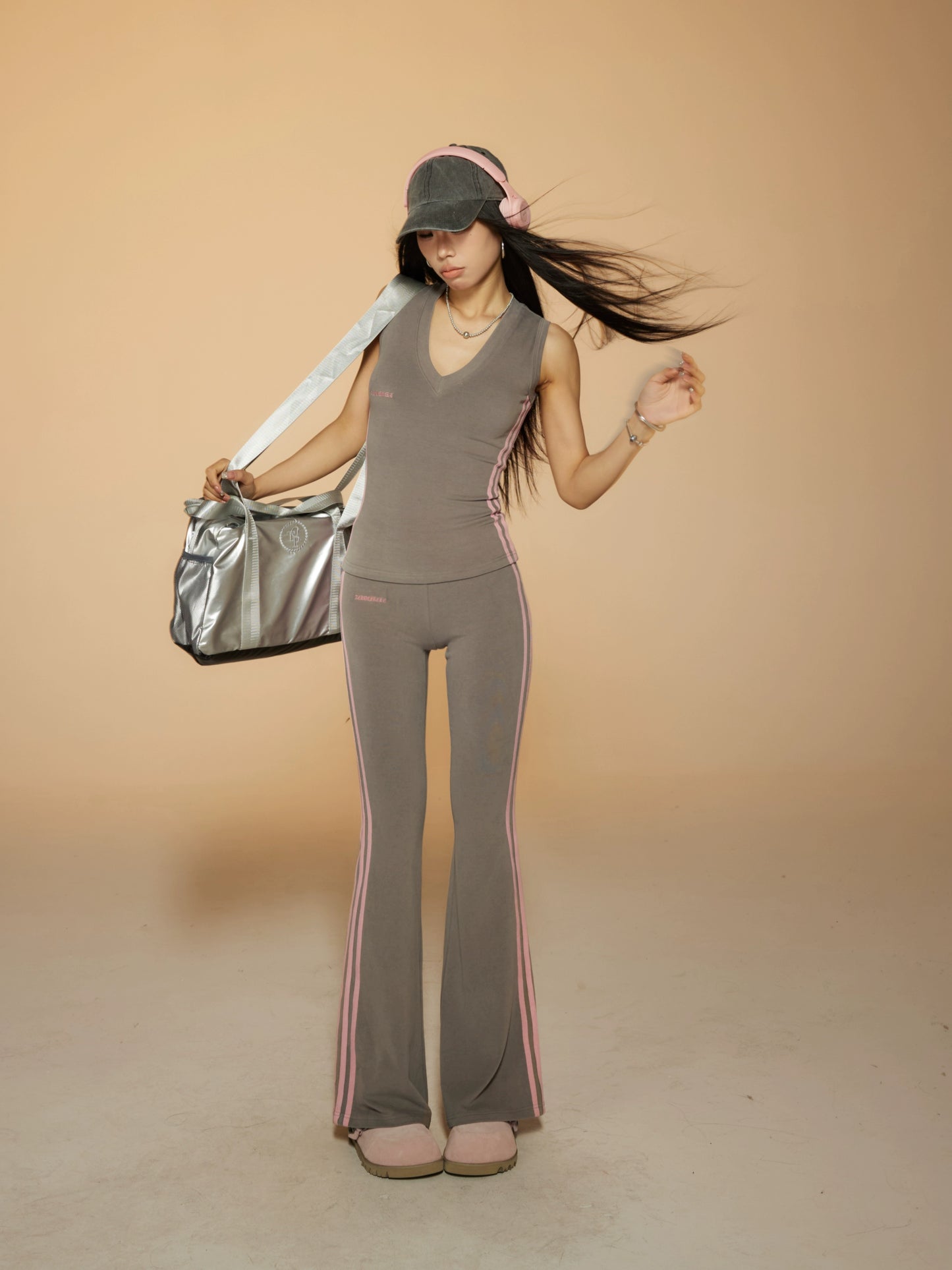 Side Stripes V-neck Slim Fit Tank Top & Slim Flare Pants Setup NA3638