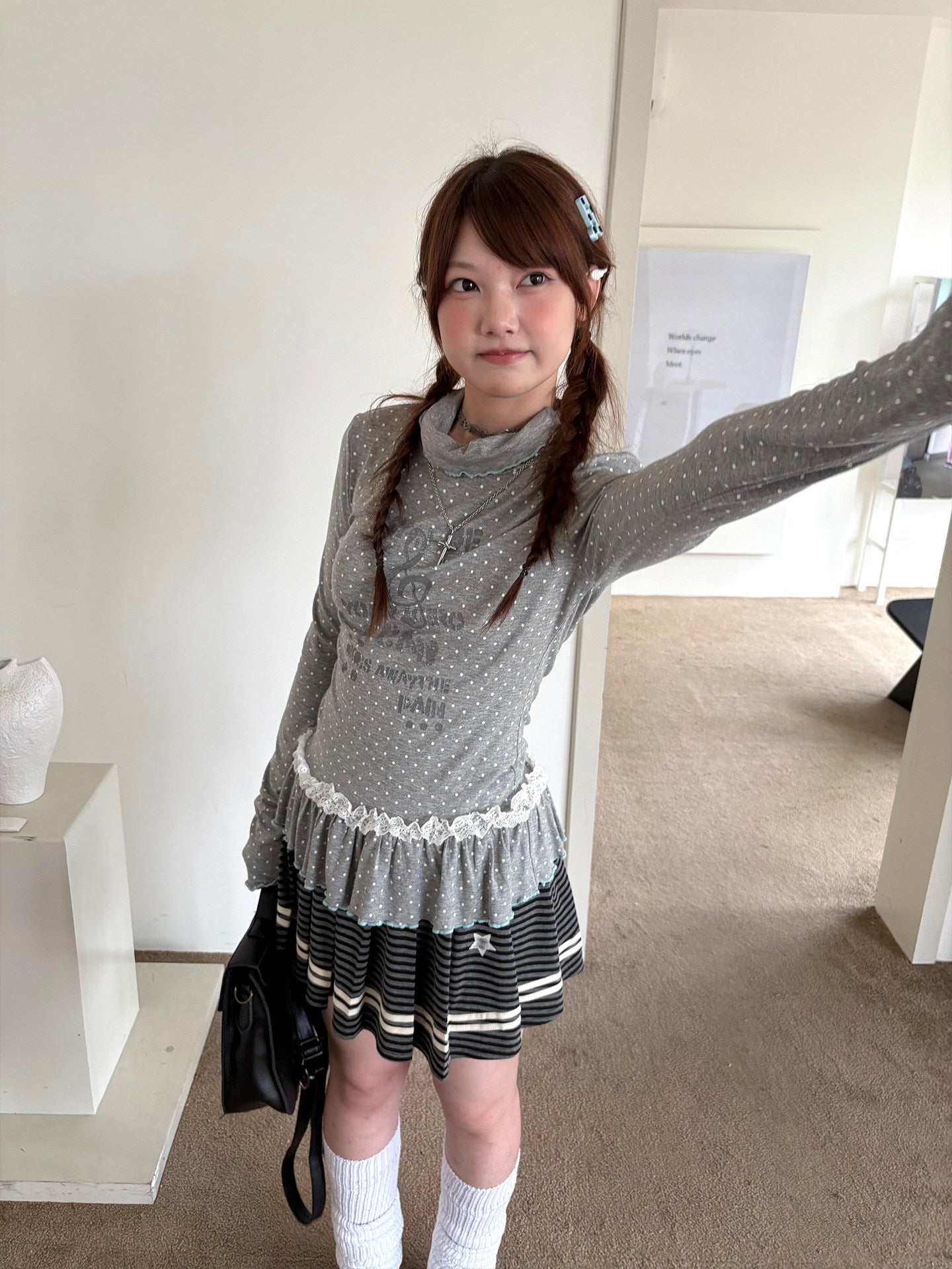 Polka Dot Lace High-Neck Long Sleeve T-Shirt NA9239