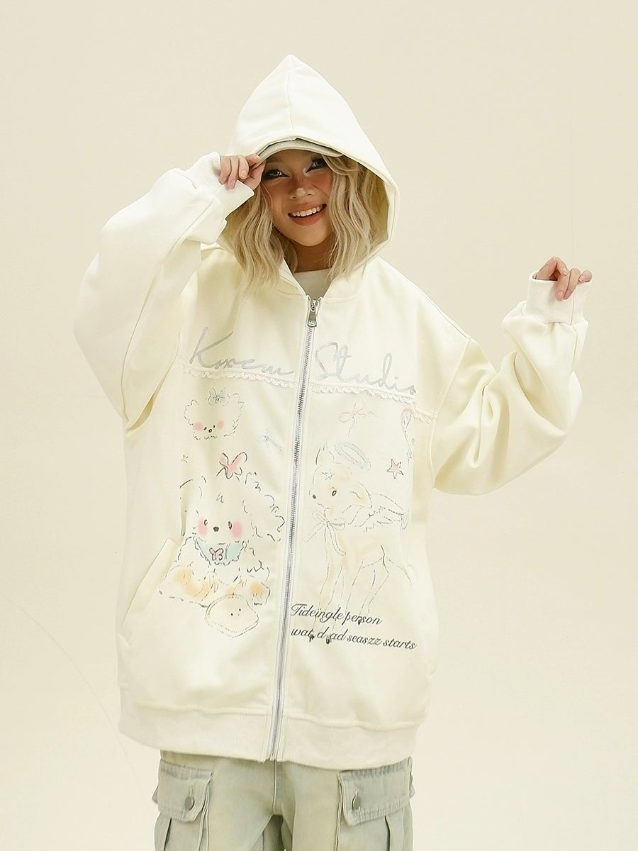 Cartoon Hand-Drawn Oversize Zipper Hoodie NA6335