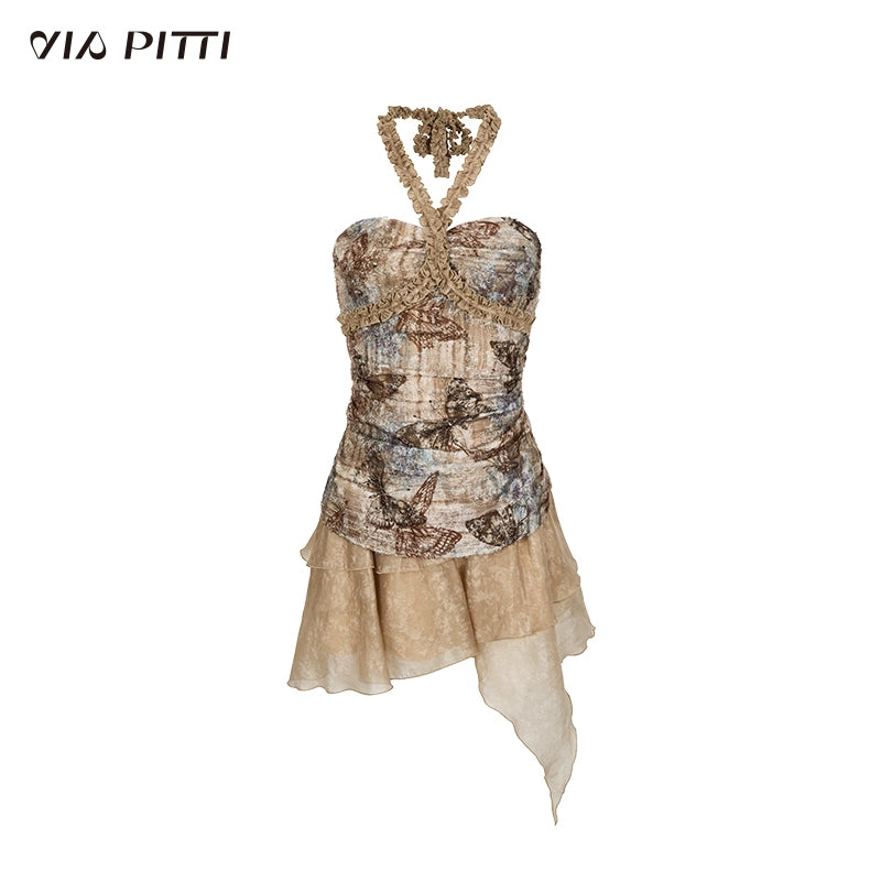 Butterfly Print Patchwork Hanging Neck A-line Skirt Dress NA5013