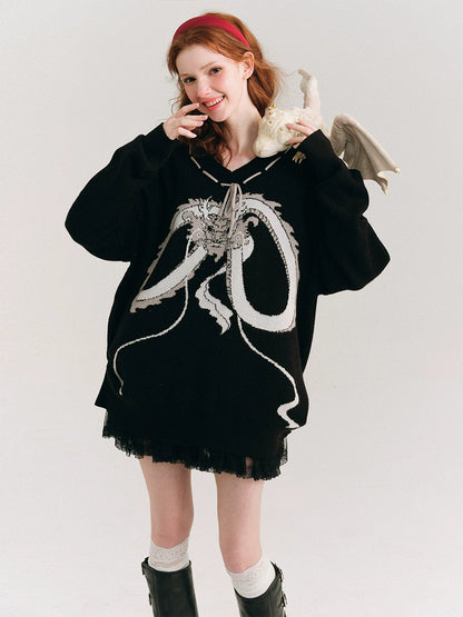 Bow Dragon Design Oversize Knit Sweater NA5919