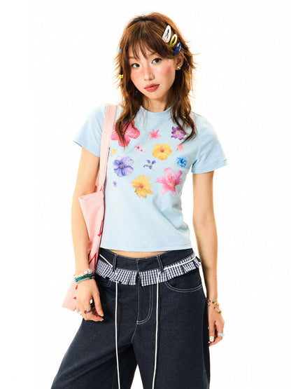Flower Print Cropped Short Sleeve T-Shirt NA9327