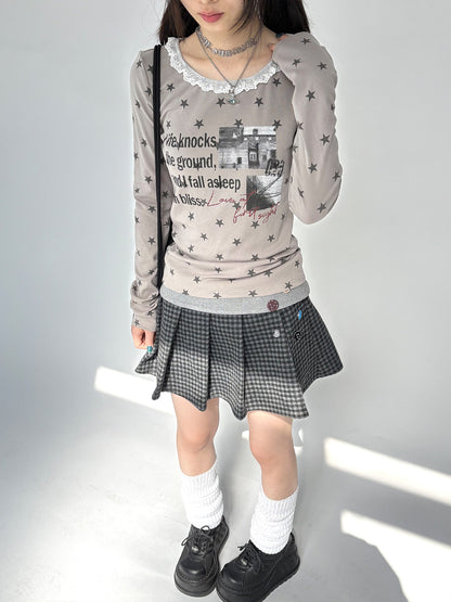 Star Print Lace Trim Fitted Long Sleeve T-Shirt NA9297