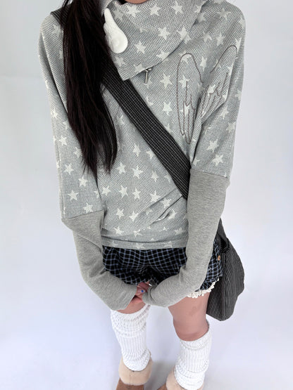 Star Print Asymmetrical High-Neck Long Sleeve T-Shirt NA9267