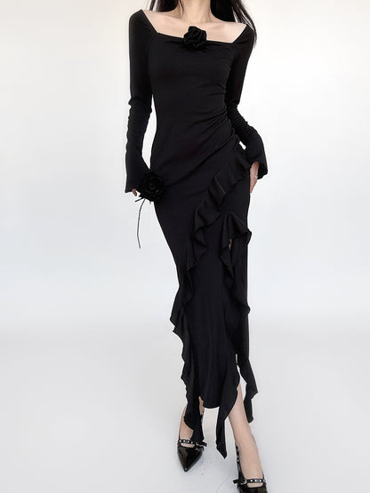 Square Neck Wrap Hip Long Dress With Slit NA4487