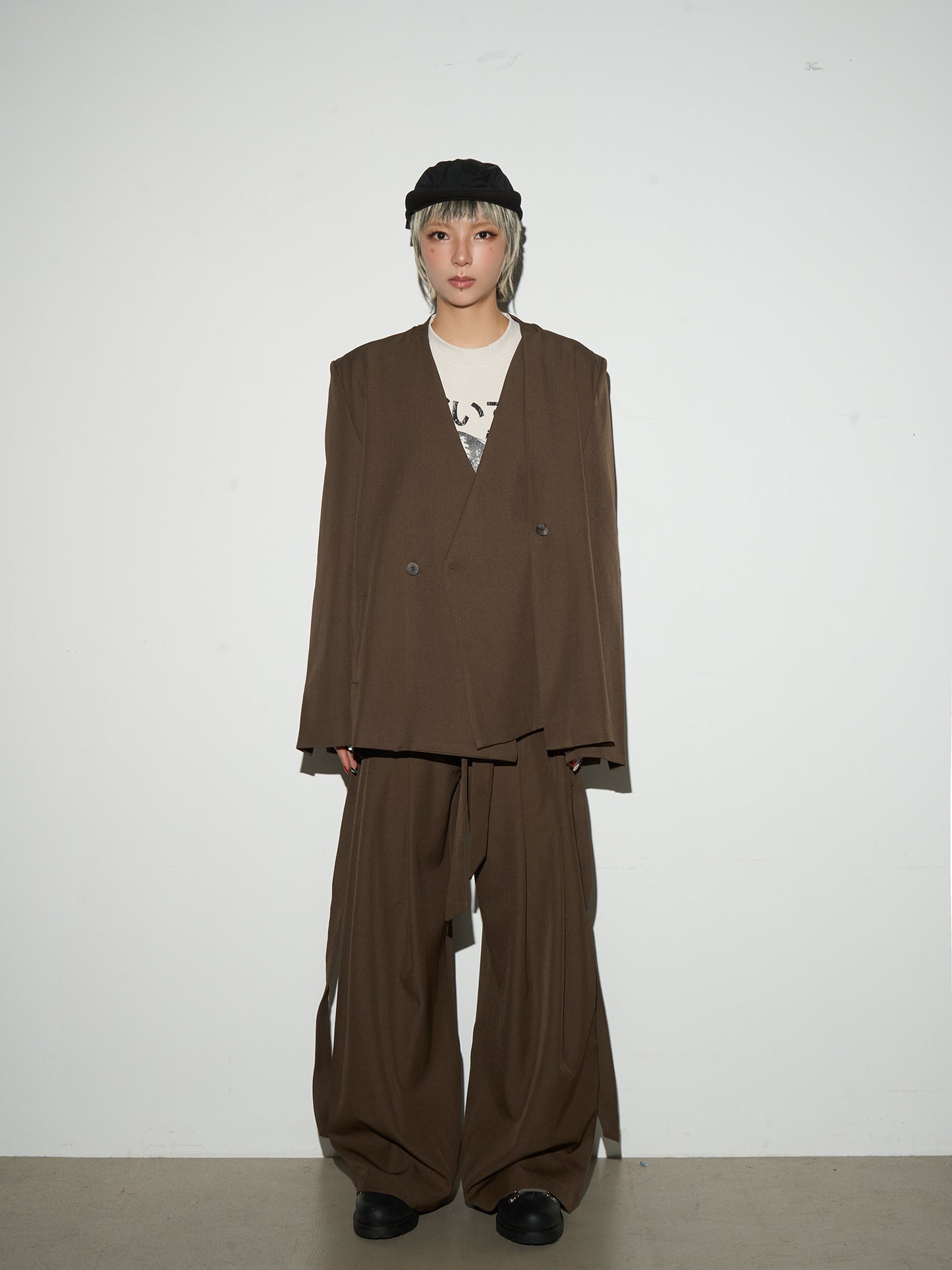 Wrap Tie Waist Tailored Jacket & Wide Leg Trousers Setup NA9119